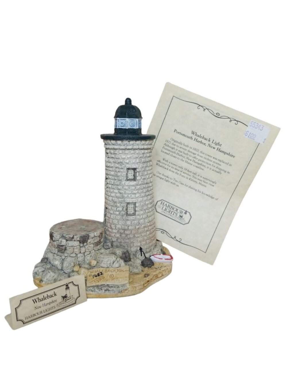 Harbour Lights Whaleback NH HL 127 1991 1482/5500 COA ID Lighthouse Grey Stone